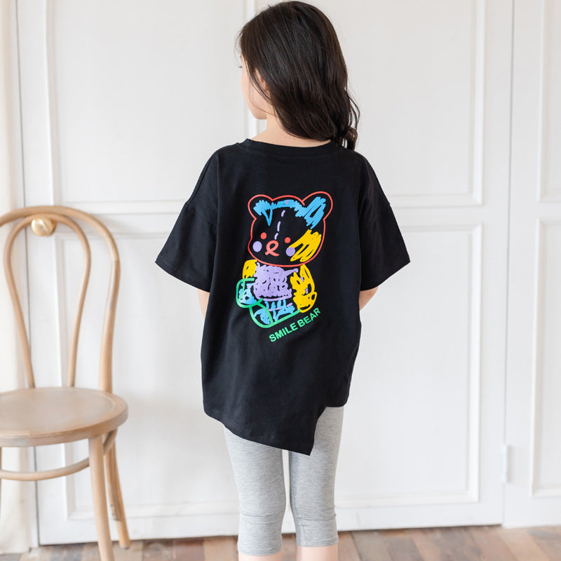 Cartoon Irregular Top Short-sleeved Half-sleeve Big Kids' Trendy Clothes