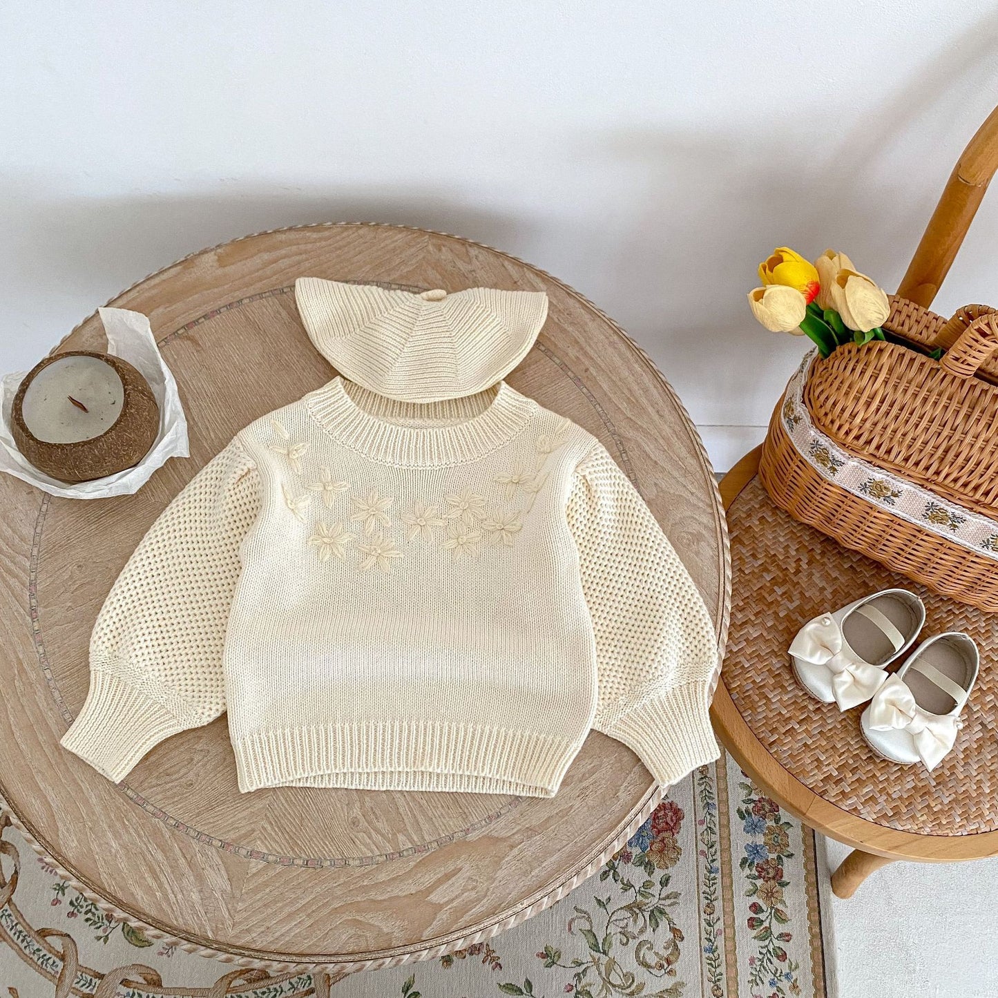 Handmade Embroidery Crew Neck Pullover Sweater Knitted Cotton Top