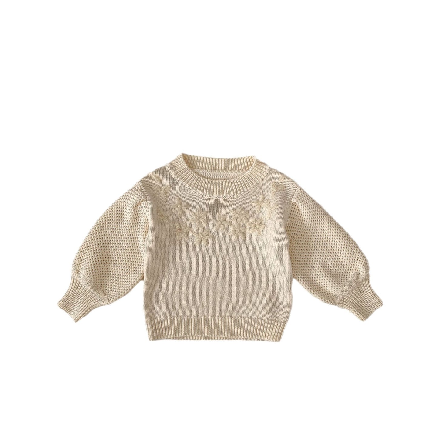 Handmade Embroidery Crew Neck Pullover Sweater Knitted Cotton Top