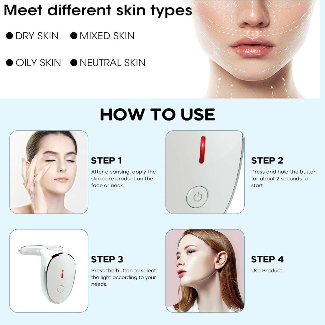 Red Light Therapy For Face, 7 Color LED Facial Light Therapy Wand For Skin Care At Home Blue Light Therapy Face Massager Tool For Face, Neck