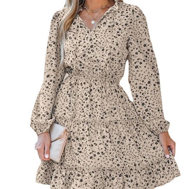 Shi Printed Long Sleeve Dress Waist Slimming