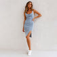 New U-neck Suspender Denim Dress Summer Casual Tight Slim Fit Dresses With Slit Design Womens Clothing